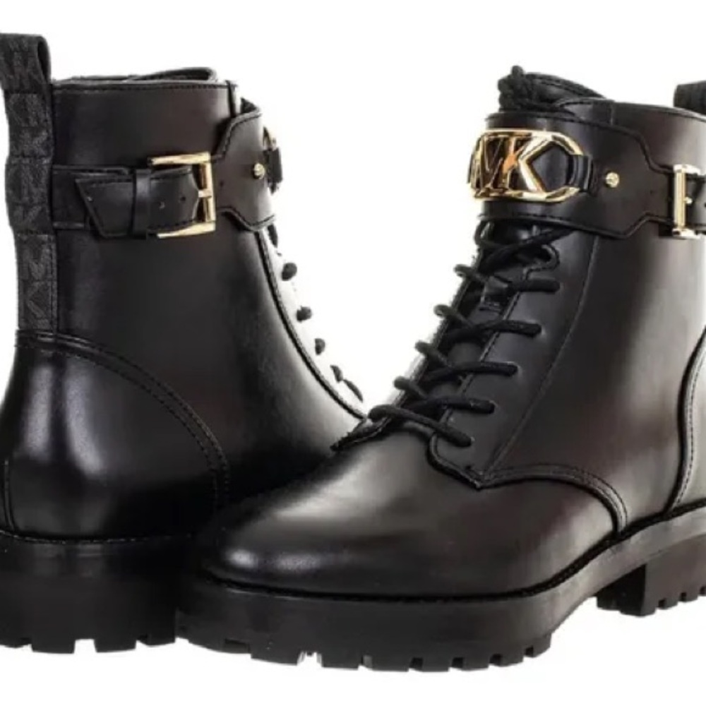 Michael Kors Black Leather Lace-Up Combat Boots with Gold Hardware